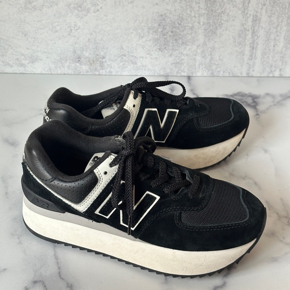 New Balance 574 Black and White Platform Sneakers - Picture 6 of 10
